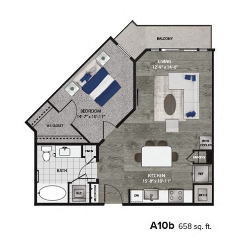 Floor plan for 1 bed, 1 bath, 658 sqft